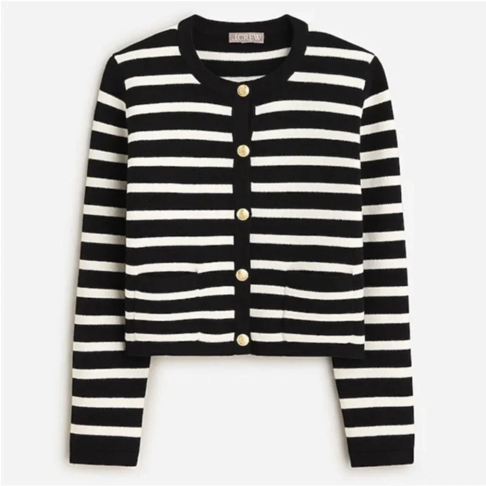 J.Crew Emilie Sweater Lady Jacket XXL Black Ivory Stripe Gold Button